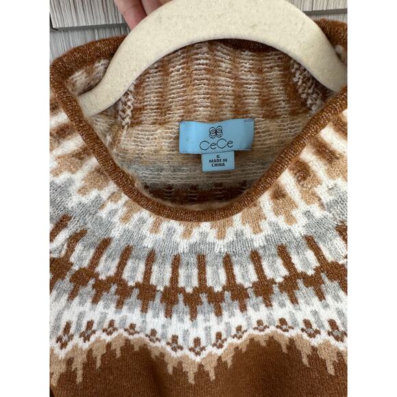 🌴 CeCe Fair Isle Chestnut Brown Funnel Neck Sweater, Size Small - Picture 6 of 6